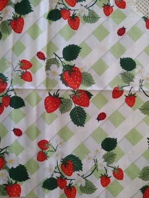 REMNANT Strawberry Strawberries Green Lattice Cotton Fabric 8'' x 18'' + tails