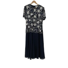 Vtg Adrianna Papell Evening Beaded Sequin Floral Navy Blue Silk Dress Size 14