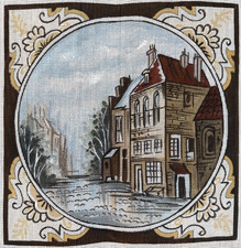 Painted Needlepoint Canvas Holland Signed SS Town Buildings City Tree Round 14"