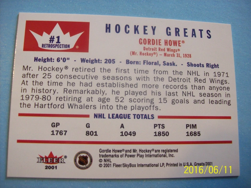 2001/02 Fleer (Greats of the Game) Retro "Retrospection" Insert # 1 Gordie Howe! - Image 2 of 2