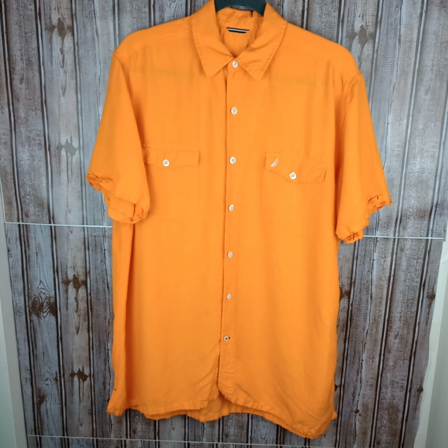 Men's Orange Button Up Short Sleeve Fishing Outdoors Linen Shirt Pockets Size Lg