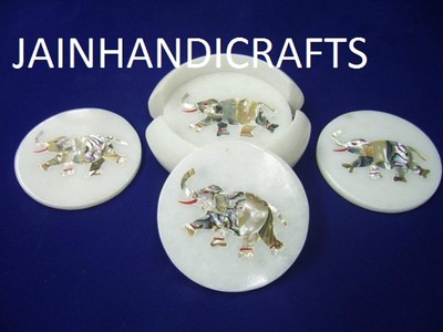 Marvelous Marble Lapis elephant Inlay Tea Coffee plate Coaster Set Kitchen Decor