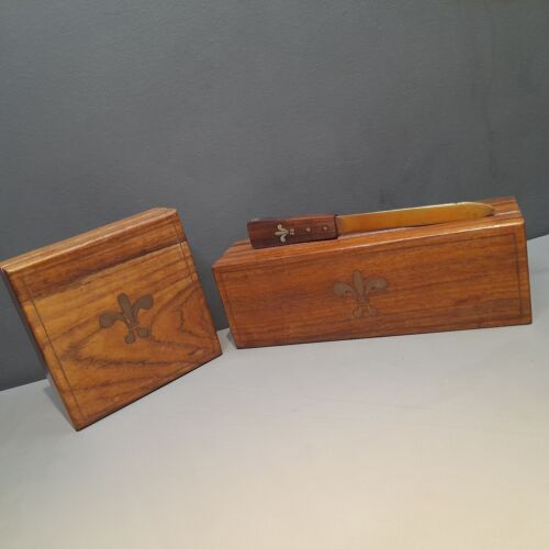 Vintage Wooden Storage Trinket Stationery Boxes Wood Fleur-de-lis Letter Opener - Afbeelding 1 van 19