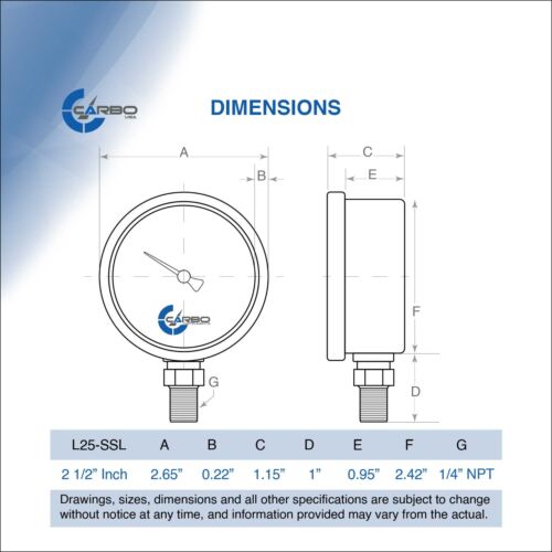 2-1/2" Pressure Gauge, Stainless Steel Case, Liquid Filled, Lower Mnt 200 PSI - Picture 6 of 6