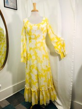 Vintage 1970s Dress by Jack Bryan Cotton Voile Yellow White Floral Size Small