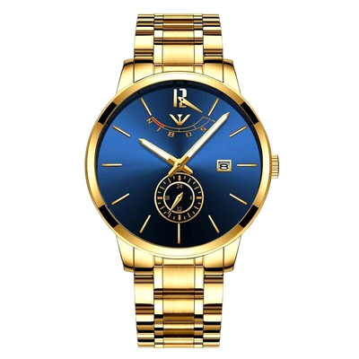 Mens Wristwatch Quartz Waterproof Stainless Steel Gold Blue Color watch