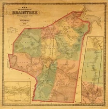 24" x 24" 1856 Map Of The Town Of Braintree Norfolk County Massachusetts