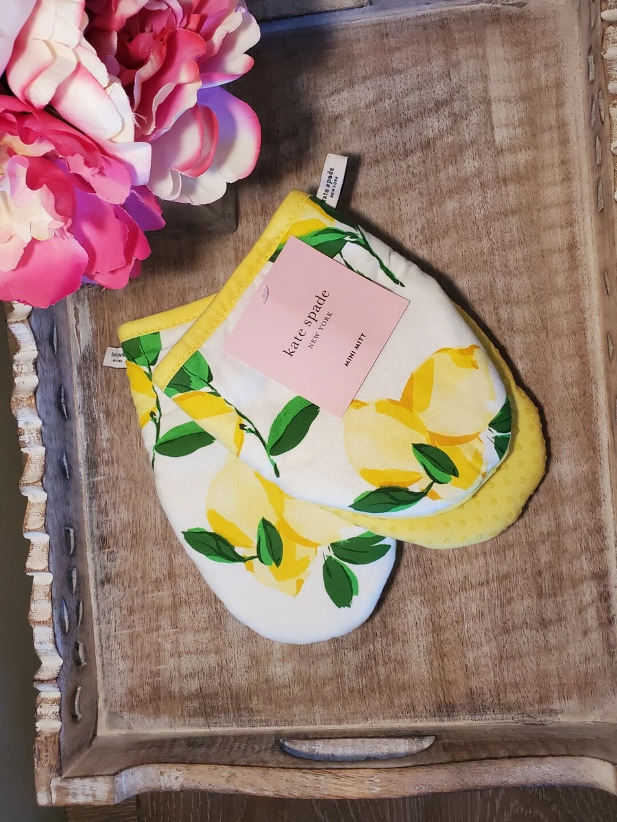NWT Kate Spade 2 Pack Mini Mitt Set White & Yellow Lemons Cotton Oven Mitts