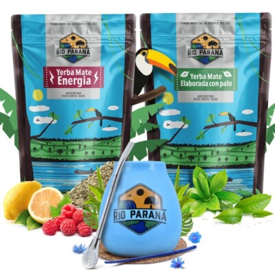 Mate Tee Rio Parana Guarana Energia Elaborada Yerba 2x500g Bombilla Blau 300 ml