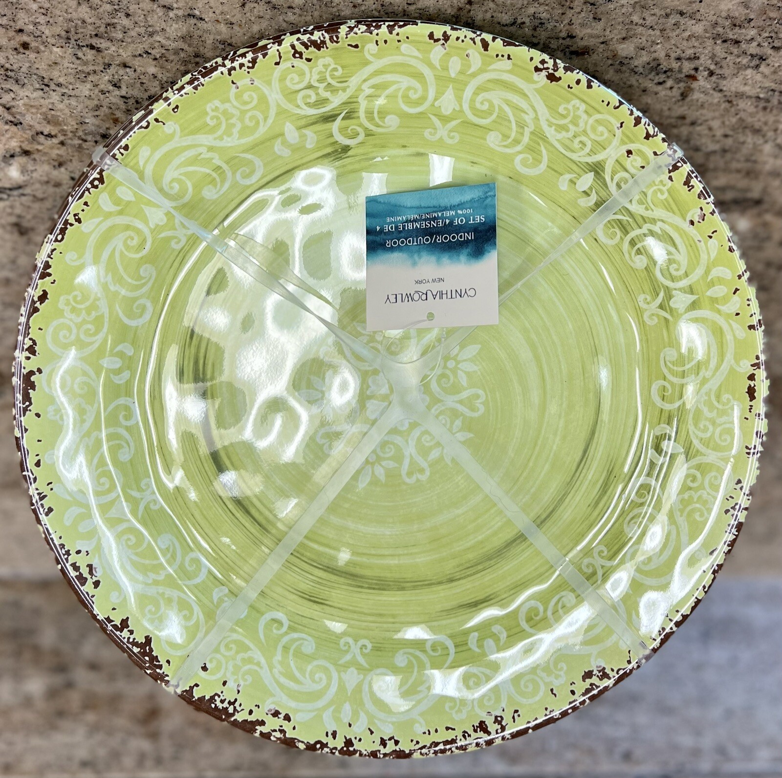 Cynthia Rowley Green Medallion Print Edge MELAMINE Dinner Plates Set 4