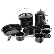 11pc Camping Set Frying Pan Coffee Pot Cup Plates Travel Fishing Portable Enamel
