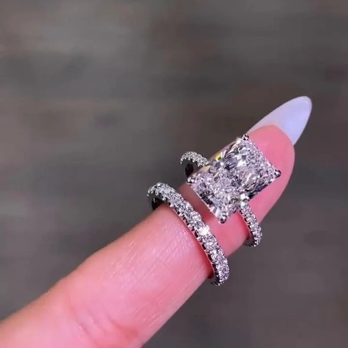 4TCW Radiant Cut Moissanite Bridal Set Engagement Ring In 14K White Gold Plated - Picture 2 of 11