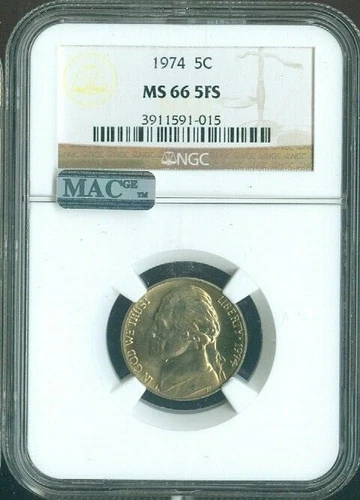 1974 Jefferson Nickel 5C NGC MS66 FS MAC Quality