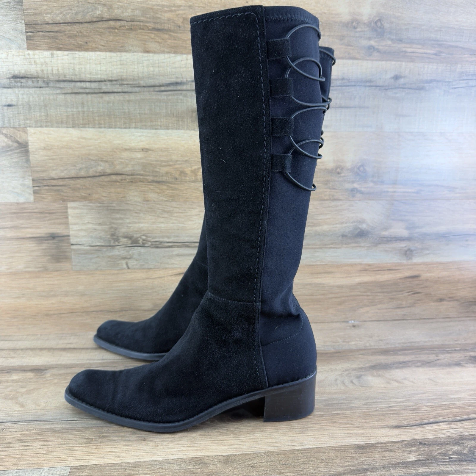 Stuart Weitzman Size 8 Boot Women Black Suede Knee High Boots Lace Up Back