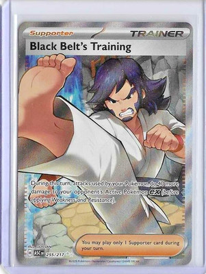 black belts training pokemon card Belt's - 099/131 - Reverse Holo - Unlimited - Common - Prismatic Evolutions Pokmon Value & Price History damage done by your Pokemon to your opponents Pokemon ex by your attacks is increased by 40 (before applying Weakness and Resistance)You may play only 1 Supporter card during your turn. Black Belt's Training (Common/Reverse Holofoil)