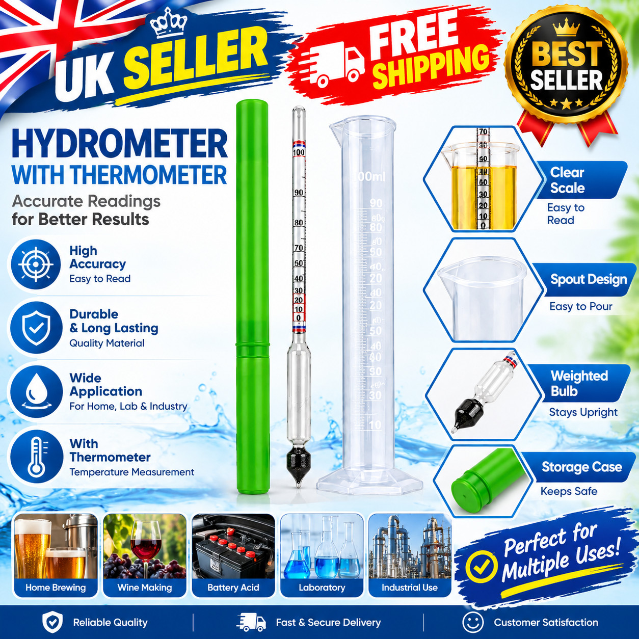 One Set Triple Scale Alcohol Hydrometer and Test Jar for Home Brew Wine