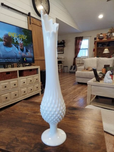 Fenton 16” White Milk Glass Hobnail Swung Vase MCM 9 Fingers VINTAGE Pedestal