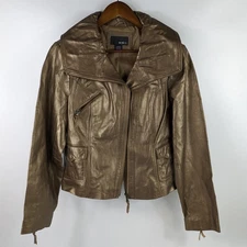 New NWT Mixit Gold Womens Medium Authentic Leather Zipper Jacket Wide Collar