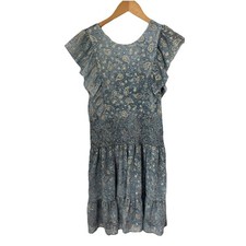 Michael Kors Blue Gold Paisley Mini Dress Ruffles Stretch Waist Medium