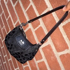 Coach Black Signature Logo Crescent Shoulder Bag Zip Closure Silver Hardware