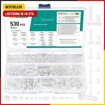 530 Pieces Nylon Plastic Screws and Nuts and Washers Set, Flat Head Screws, Phil