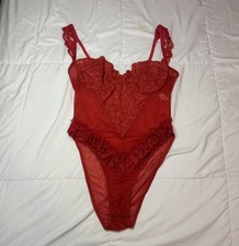 VTG 80s Lace Sachet Sz M/L USA Red Teddy Bodysuit Nylon Spandex Lingerie Ruffle