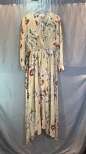 Unique Vintage Maxi Dress Womens Medium Beige Floral Cinched Waist Minimalist