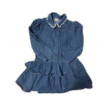 Vtg Oshkosh Girls Blue Denim Tiered Ruffle Dress Lace Collar Puff Sleeve Size 6