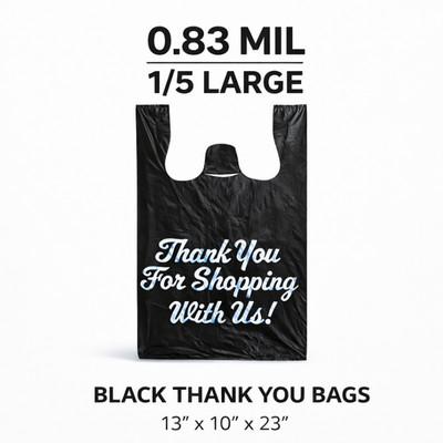 Heavy Duty 1/5 Black Thank You Grocery  Shopping Bags 13x10x23 0.83 Mil Bulk