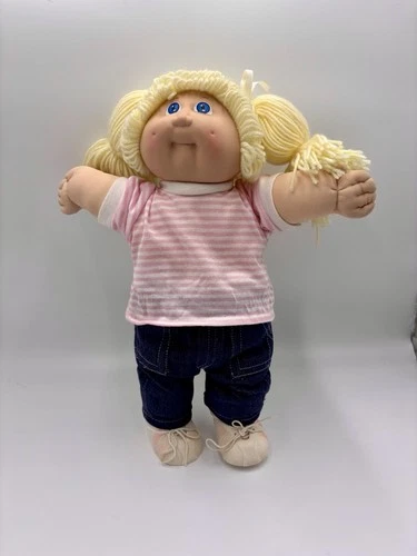 Vintage Coleco Cabbage Patch Kids Doll BlondeYarn Hair Blue Eyes Pink Shirt Jean