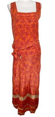 NWT 100% SILK Small Orange Floral Maxi Dress 50  Long Belt & Two Side Pockets 