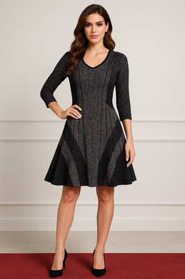 Nic and Zoe Sweater Dress Women S Black Gray Ribbed Knit Fit N Flare Winter Chic