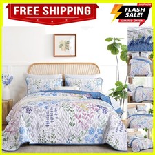Floral Quilt Set Full/Queen Size, 3 Pcs Blue Bedspreads Bedding Set Reversi...