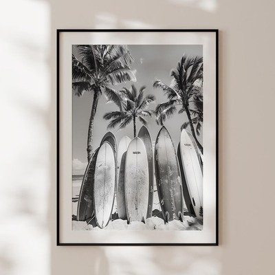 Retro Surf Poster, Vintage Surf & Palm Trees Black and White Print