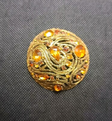Unsigned La Roco Amber Tone Crystal Gold Tone Filigree Vintage Brooch 