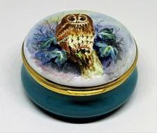 CRUMMLES ENGLISH ENAMEL BOX - OWL ON A TREE STUMP - BRANCHES & LEAVES