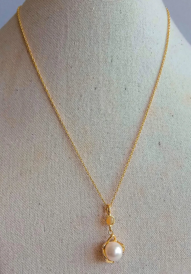 COLLIER ARGENTO STERLING DORATO CON PERLA BIANCA E OPALE NATURALE - Immagine 2 di 4