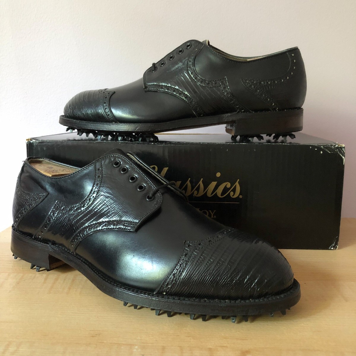 NEW FootJoy Classics Black Tegu Lizard shield tip golf shoes Men's