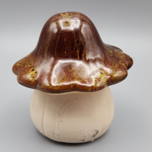 Fairy Garden Mushroom Toadstool Brown Yellow Speckled Drip Glaze Ceramic 70sLook - Picture 3 of 9