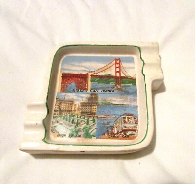 Vintage 50's Porcelain Golden Gate Bridge - Union Square - Cable Car Ashtray 