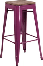 30" Industrial Style Purple Metal Bar Height Stool with Wood Seat