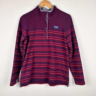 LL Bean Rugby Shirt Henley Burgundy Stripe Mock Neck Cotton Preppy Outdoor 90s M