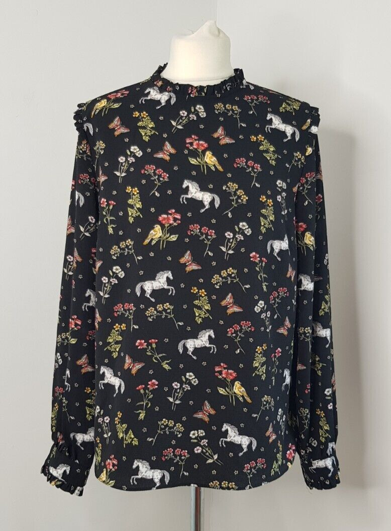Tu Black Blouse 14 Horse Floral Print High Neck Long … Gem