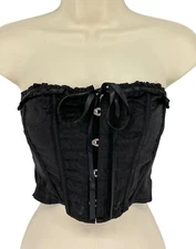 Pretty Little Thing Cropped Corset Black Satin Jacquard Hook Eye Front Size 2