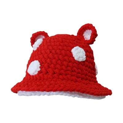 Crochet Plush Fisherman Hat Thickened Bear Ear Mushroom Caps for Women Windproof