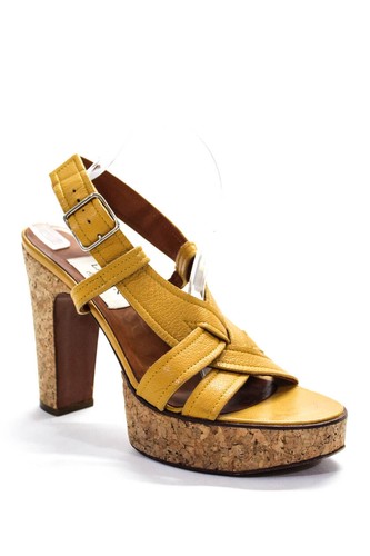 Lanvin Womens Strappy Yellow Leather Platform Sand