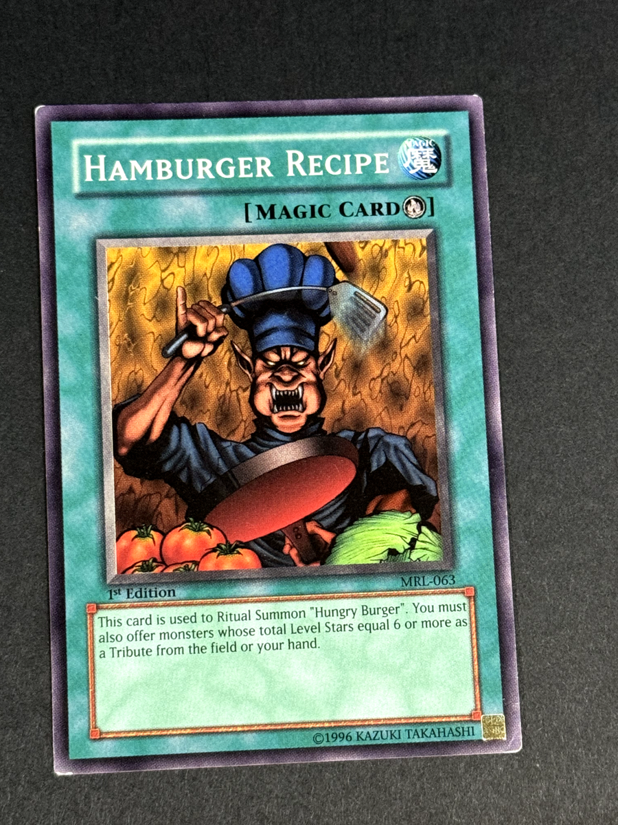 hamburger yugioh card Yu-Gi-Oh! - Recipe (MRL-063) - Magic Ruler - 1st Edition TypeWarrior / Ritual Monster AttributeDARK Level / Rank6 ATK / DEF2000 / 1850 Card TextThis monster can only be Ritual Summoned with the Ritual Magic Card OM NOM NOM 🍔 This