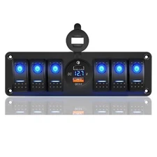 6 Gang Waterproof Rocker Switch Panel with PD C and QC 3.0 USB Charger Voltme...