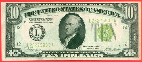 1928 B 10 Dollars ( Light green ) World paper money currency banknotes "GOLD" - Picture 2 of 4