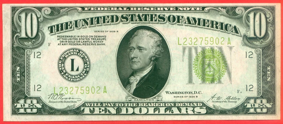 1928 B  10 Dollars  ( Light green )  World paper money currency banknotes "GOLD" - Image 2 of 4